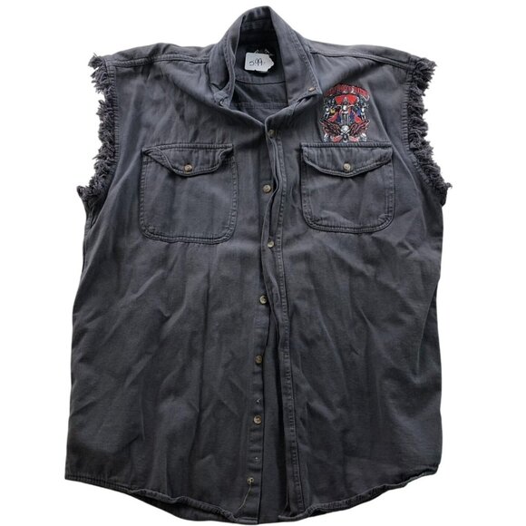 Biker Design Mens Shirt Large Graphic Prinnt Top Gray Sleeveless Button Up Y2K - Picture 1 of 9
